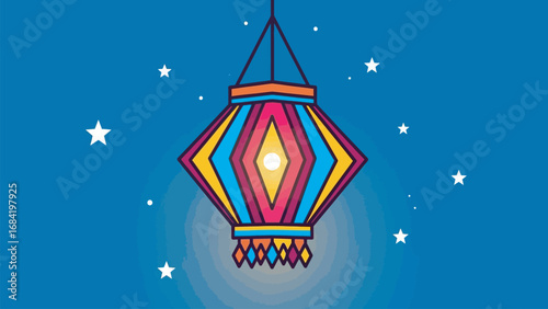 A vibrant, colorful Diwali lantern illuminates the night sky, adorned with intricate geometric patterns, a symbol of light and festivity during this auspicious Indian celebration of joy and prosperity
