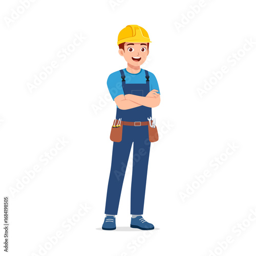 Smiling Caucasian Man with Arms Crossed Wearing Hard Hat and Blue Overalls Uniform