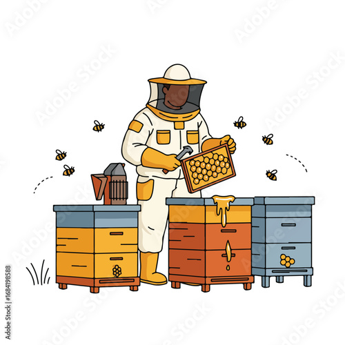 Beekeeper in protective suit tending to beehives with honeycomb
