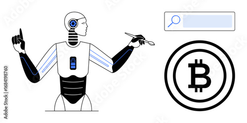 Futuristic robot holding a stylus near a Bitcoin icon and a search bar, symbolizing AI, innovation, cryptocurrency, and blockchain integration. Ideal for finance, technology, AI, digital economy