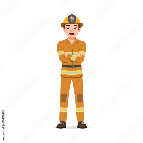Smiling Firefighter with Arms Crossed in Uniform Standing Confident and Proud
