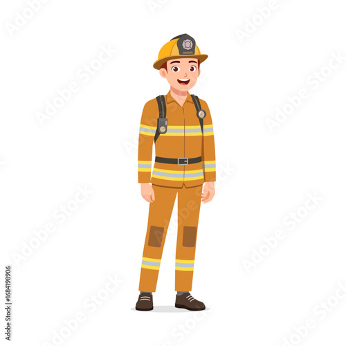 Smiling Young Caucasian Male Firefighter in Uniform Standing Tall Ready for Action
