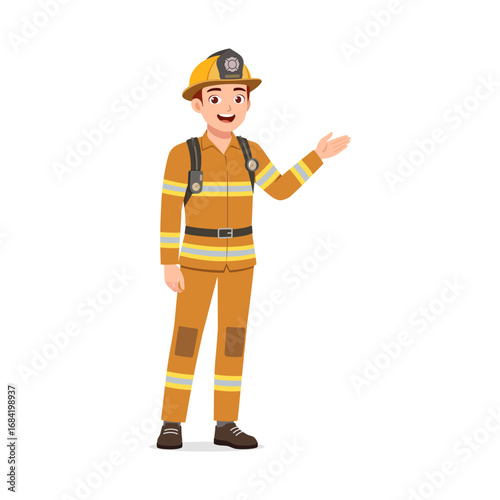 Young Man in Firefighter Uniform Smiling and Gesturing to the Right Side in a Standing Pose