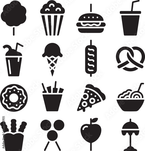 Assortment of black silhouette icons depicting popular fast food and snacks cotton candy popcorn