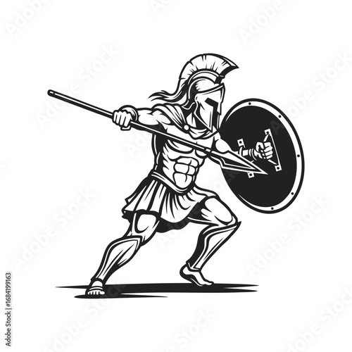 Spartan Warrior with Spear and Shield, Powerful Ancient Greek Soldier in Attack Pose, Black and White Vector Illustration