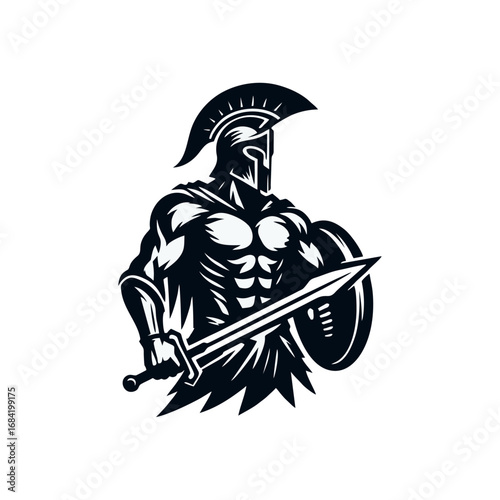 Ancient Spartan Warrior Mascot with Corinthian Helmet, Sword and Shield Vector Illustration