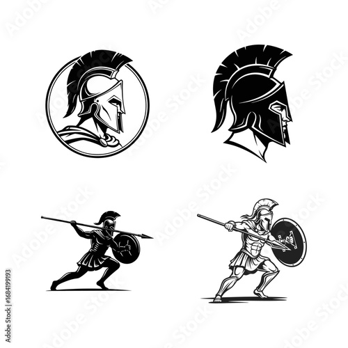 Spartan Warrior and Helmet Vector Illustrations for Ancient Greek Theme Logos and Mascots