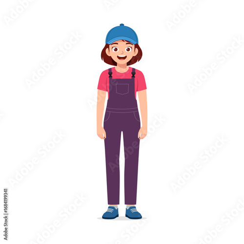 Smiling young woman wearing blue cap and purple overalls illustration art