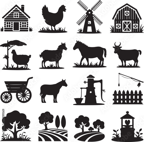 Farm and agriculture icons with animals and buildings house chicken