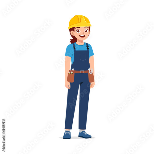 Young Woman in Overalls with Hard Hat Smiling and Standing with Full Body on White Background