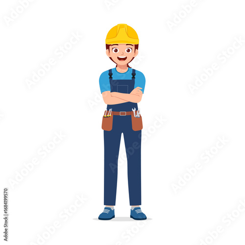 Young Asian Female Construction Worker with Crossed Arms Smiling in Workwear Full Body Illustration