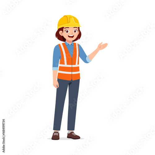 Cheerful engineer woman in safety vest and helmet presenting with smile