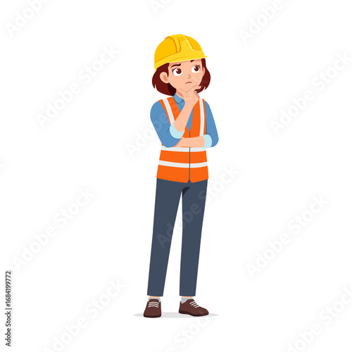 Female Construction Worker Thinking with Hand on Chin Wearing Safety Vest and Hard Hat