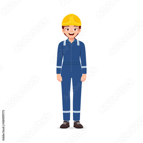 Smiling Young Woman Wearing Blue Coverall and Yellow Hard Hat in Full Body Pose