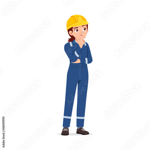 Woman Worker in Blue Jumpsuit and Yellow Helmet Thinking Pensive Expression