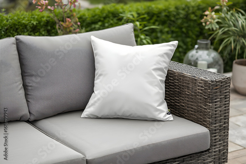Elegant Outdoor Seating Area Featuring Comfortable Cushions and Lush Greenery on a Sunny Day