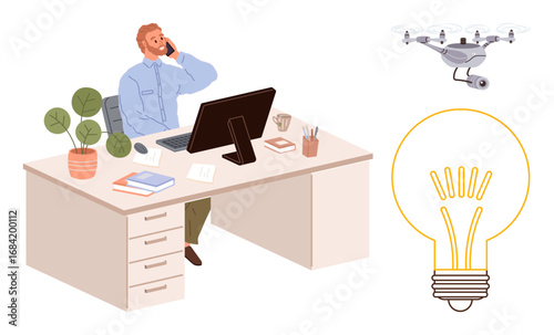 Man multitasking on phone at organized desk with books, coffee cup, and plant. Quadcopter above and glowing lightbulb beside depict modern technology and creativity. Ideal for workplace, innovation