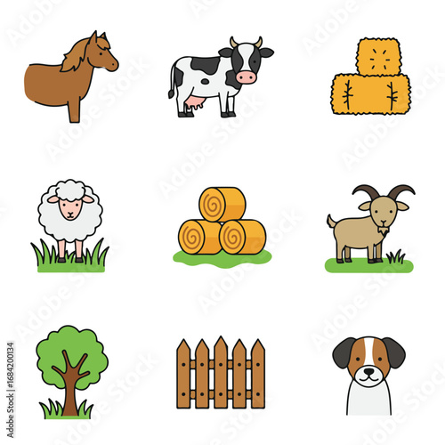 Farm icons horse cow hay sheep goat tree fence dog