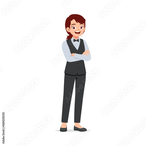 Happy Young Asian Woman in Formal Waitress Attire with Arms Crossed Smiling