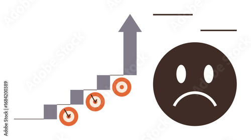 Upward arrow with steps and sad face represents challenges, slow progress, and emotional impact. Ideal for growth, struggle, motivation, barriers, resilience analysis personal development. Clear