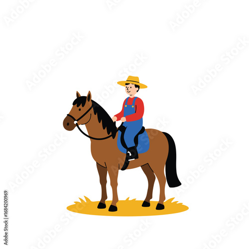 Farmer on a brown horse in a yellow field
