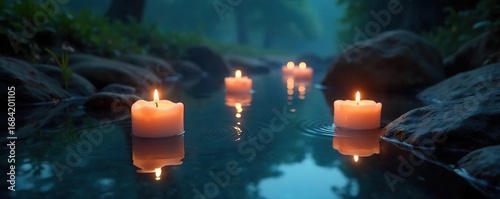 Mystical floating candles illuminate a dark pool of water, creating a serene and enchanting atmosphere Perfect for spa, meditation, and fantasy themes , light, nature