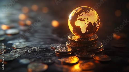 Globe resting on gold coins. This illustration represents finance and global wealth, highlighting the connection between currency and the economy.