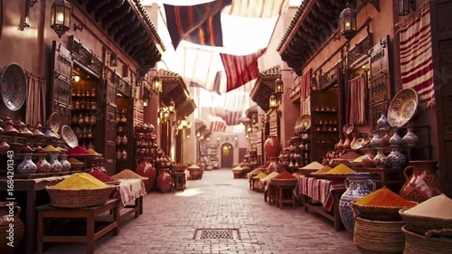 Vibrant Moroccan marketplace scene with colorful spices and textiles, evoking exotic travel and culture