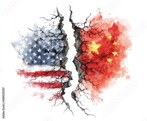 Wallpaper Mural A fractured relationship between the United States and China, depicted by two national flags separated by a deep chasm of cracks, portrays a tense international situation. Torontodigital.ca