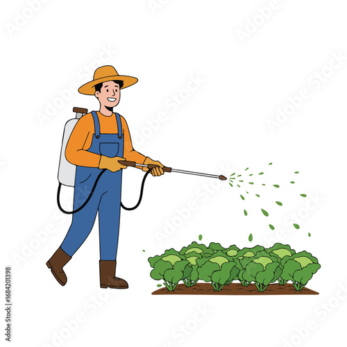 Farmer spraying crops with a backpack sprayer in a field