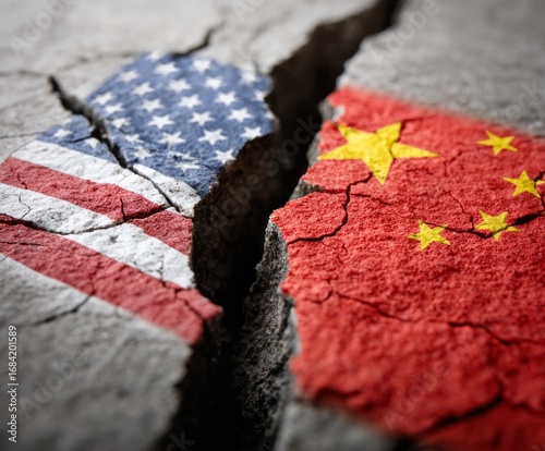 Wallpaper Mural A fractured depiction of international relations, symbolized by the American and Chinese flags on cracked concrete, highlights a potential rift between the two nations. Torontodigital.ca