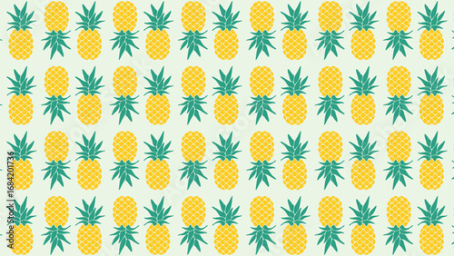Seamless tropical pattern with bright yellow pineapples and green leaves on a light background. This fun and vibrant vector is perfect for fabric, wallpaper, packaging, and summer-themed designs