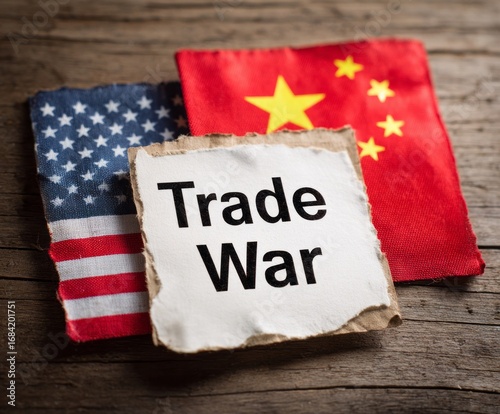 Wallpaper Mural A weathered sign reading "Trade War" sits between tattered flags of the United States and China, highlighting the economic conflict. Torontodigital.ca