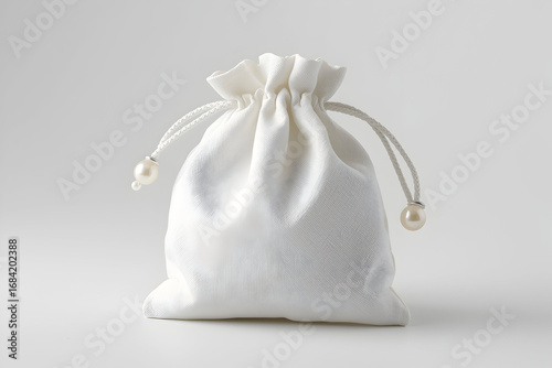 Elegant white pouch with pearled drawstring on soft background perfect for jewelry