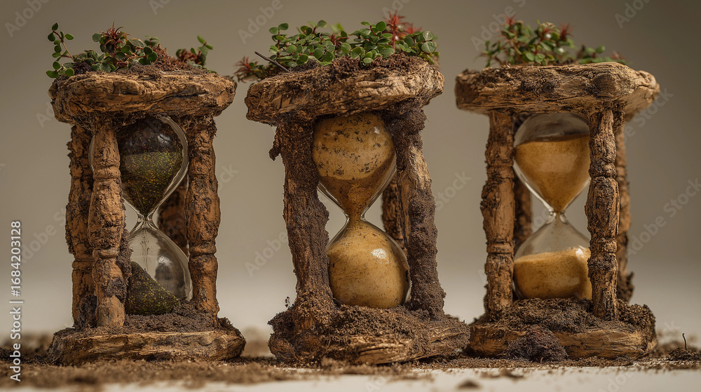 Fototapeta premium Three Decorative Hourglasses With Soil And Plants