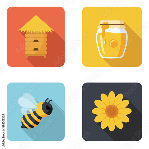Four flat design icons beehive honey jar bee and flower