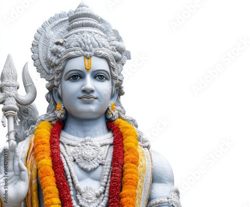Wallpaper Mural Detailed close-up of a serene statue of a Hindu deity, showcasing intricate carvings and vibrant floral adornments against a plain white background. Torontodigital.ca