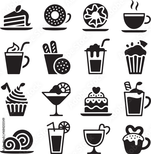 Assortment of black silhouette icons for cakes donuts coffee and drinks vector illustration