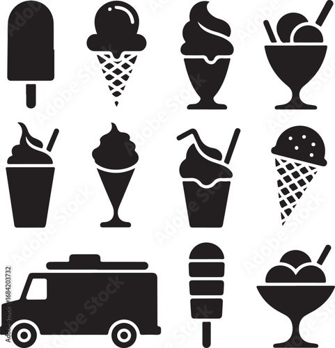 Collection of black silhouette icons for ice cream and frozen treats popsicle soft serve