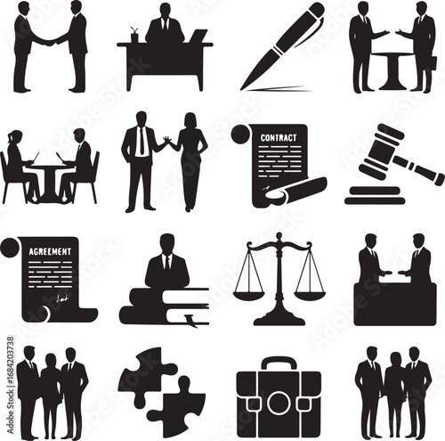 Business and legal icons showing handshakes contracts and scales of justice agreement document