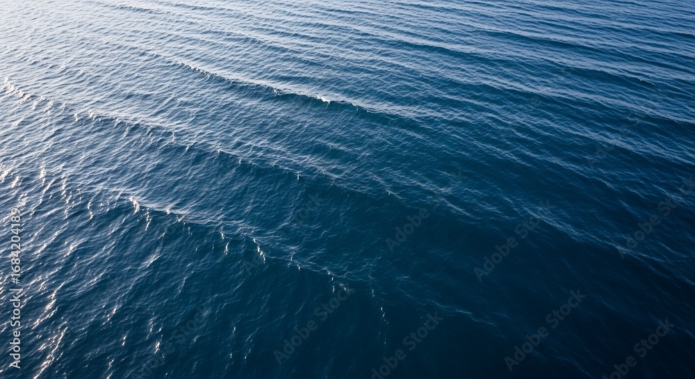 Aerial view of calm deep blue sea water with gentle waves and subtle textures; concept for tranquility illustration, ocean exploration and vibrant background design Aerial view of calm deep blue sea water with gentle waves and subtle textures; concept for tranquility illustration, ocean exploration and vibrant background design