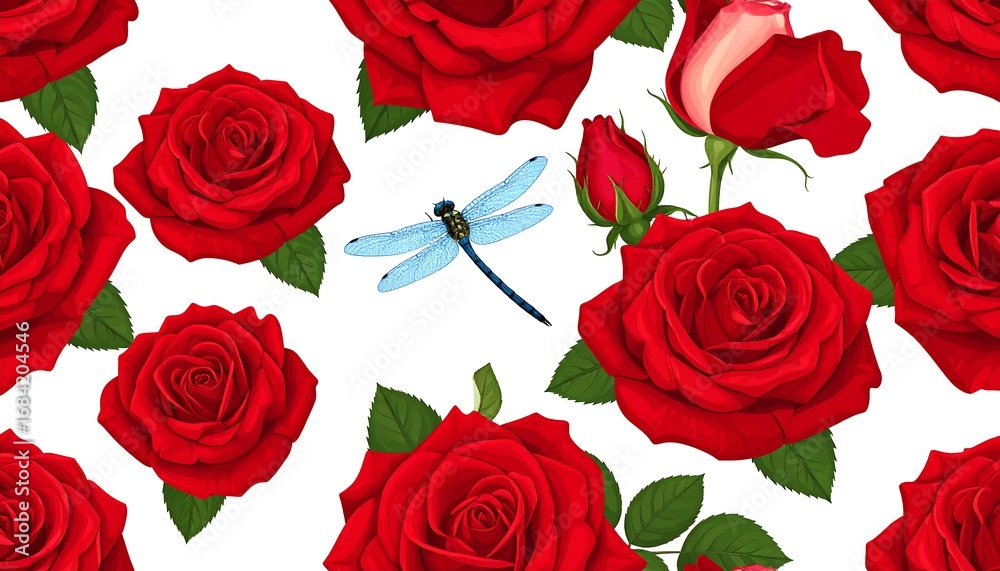 Red rose pattern with dragonfly Red rose pattern with dragonfly