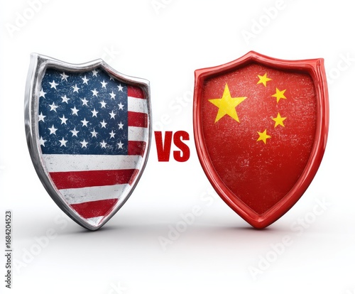 Wallpaper Mural Flags of the United States and China depicted on weathered shields, positioned in a competitive contrast. Torontodigital.ca