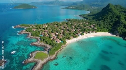 Aerial view of a coastal village near turquoise waters in Lombok, Indonesia