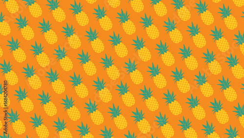 A fun and seamless pineapple pattern on a bright orange background. This tropical fruit vector is perfect for summer designs, fabric, and wrapping paper