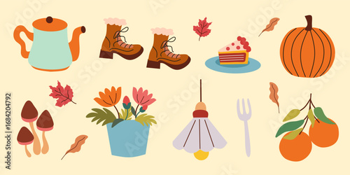 Wallpaper Mural Autumn vector elements set. Cozy fall stickers. Leaves, pumpkin, flowers, shoes, orange, pie, drink, lamp, maple. Hello fall isolated background. Illustration in cartoon hand drawn style. Torontodigital.ca