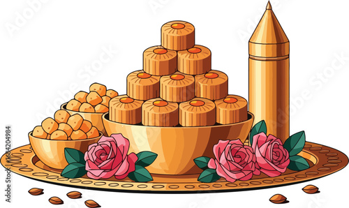 Golden platter of sweets with roses a delicious dessert.