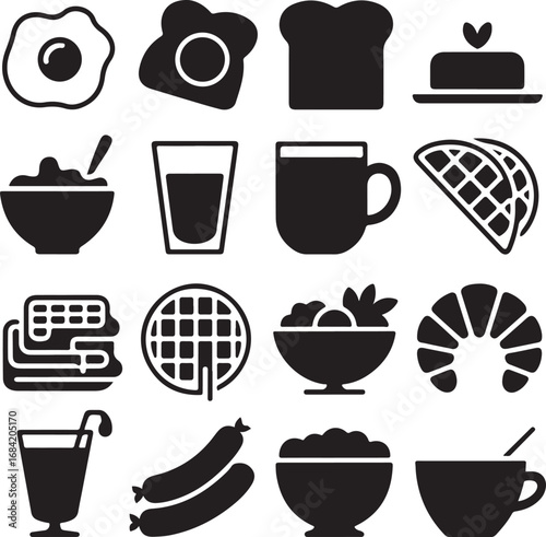 Breakfast food icons including eggs toast waffles and coffee Keywords: breakfast, food, eggs