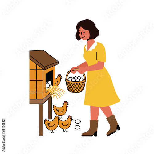 Woman collecting eggs from a coop with chickens nearby