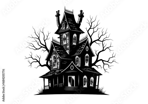 Spooky Haunted House Black Gray PNG on Transparent Background